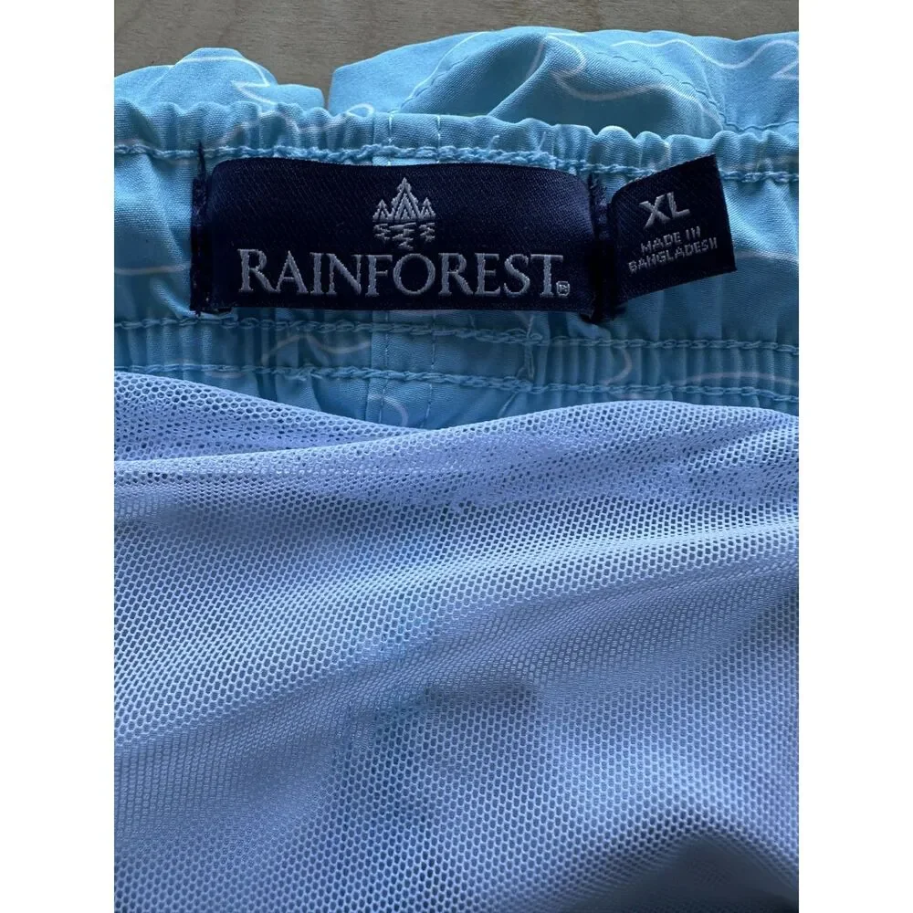 Rainforest Men’s XL Blue Wave Print Swim Trunks Mesh Lined Beach Board Shorts